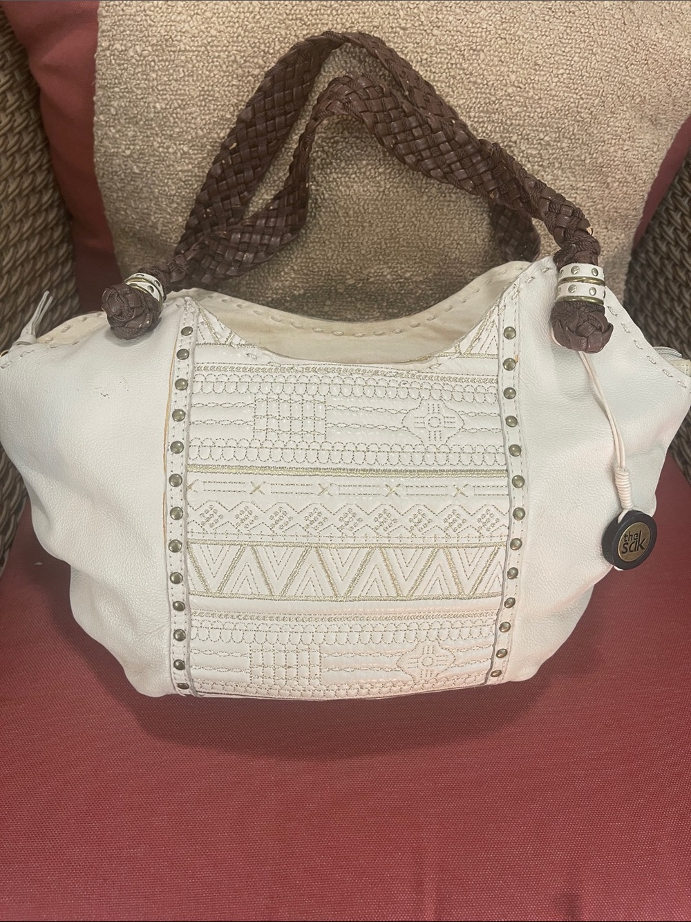 The Sak White Embroidered Leather Shoulder Bag with Brown Braided Handles